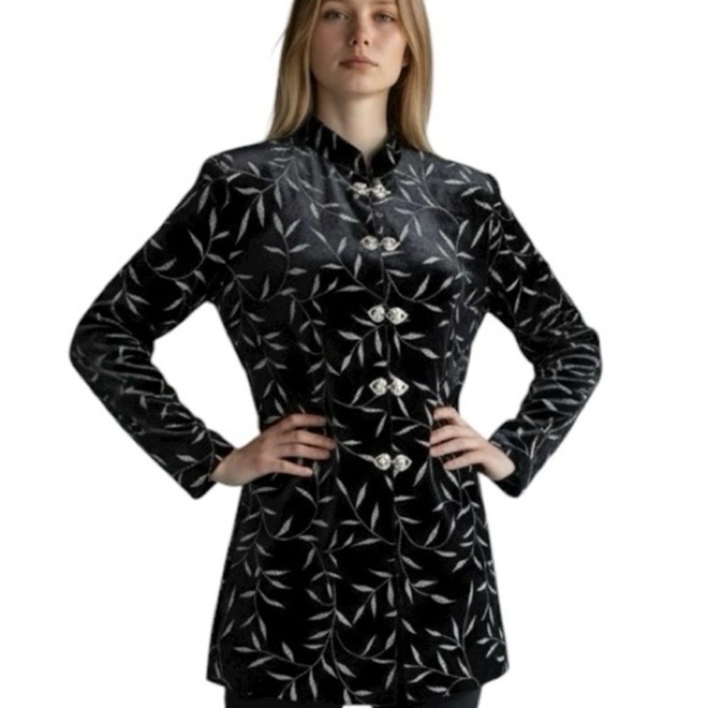 J.B.S. Black Velvet Mandarin Collar Embroidered Long Blazer